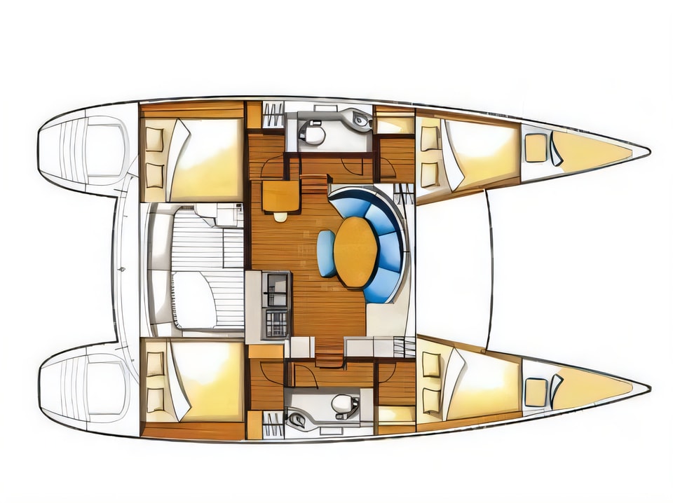 Layout of Lagoon 380 catamaran with 6 cabins Croatia yacht charter