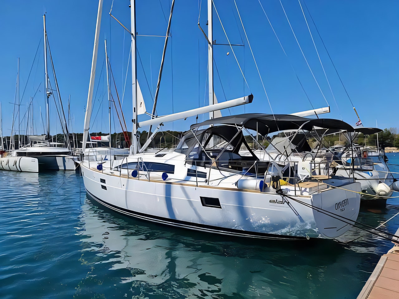 Exterior overview of Elan Impression 45.1 OW sail boat for charter from Pula Marina Polesana in the Istria / Kvarner sailing area Croatia