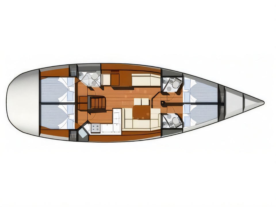 Layout of Sun Odyssey 50 DS sail boat with 4 cabins Croatia yacht charter