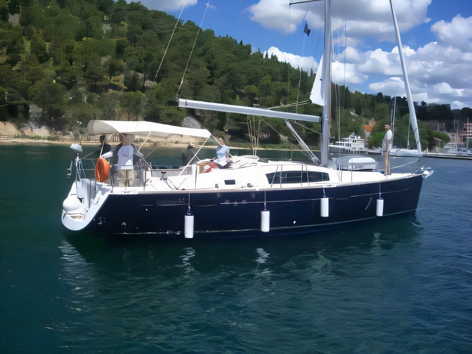 Exterior overview of Oceanis 43 sail boat for charter from Sibenik Marina Mandalina in the Sibenik sailing area Croatia