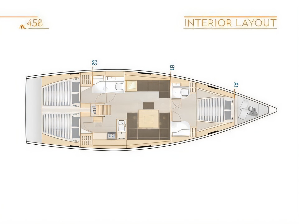 Layout of Hanse 458 sail boat with 3 cabins Croatia yacht charter