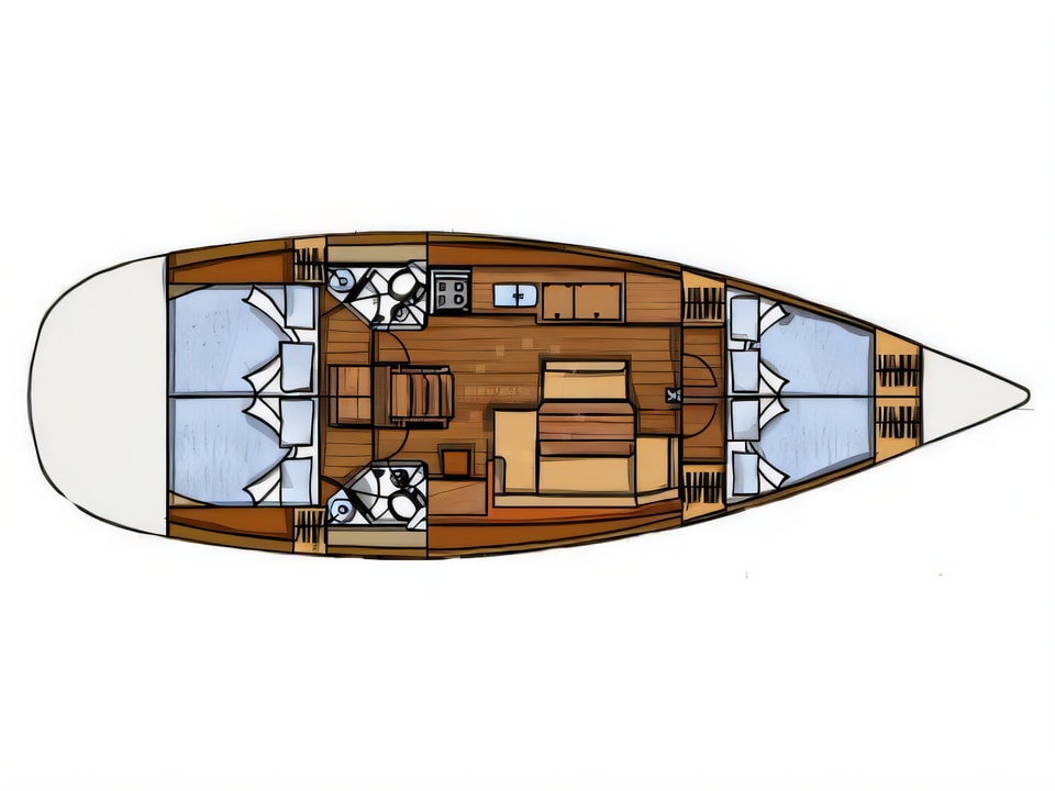 Layout of Sun Odyssey 44i sail boat with 4 cabins Croatia yacht charter