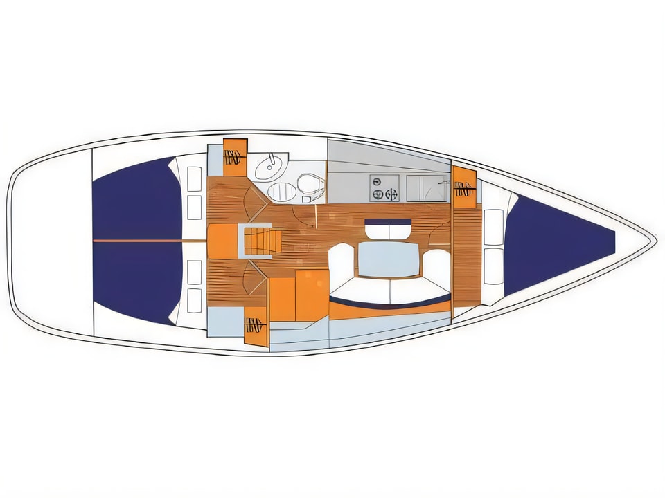 Layout of Sunsail 38 sail boat with 3 cabins Croatia yacht charter