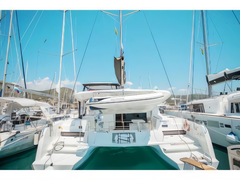 Exterior overview of Lagoon 42 catamaran for charter from Trogir ACI Marina in the Split sailing area Croatia