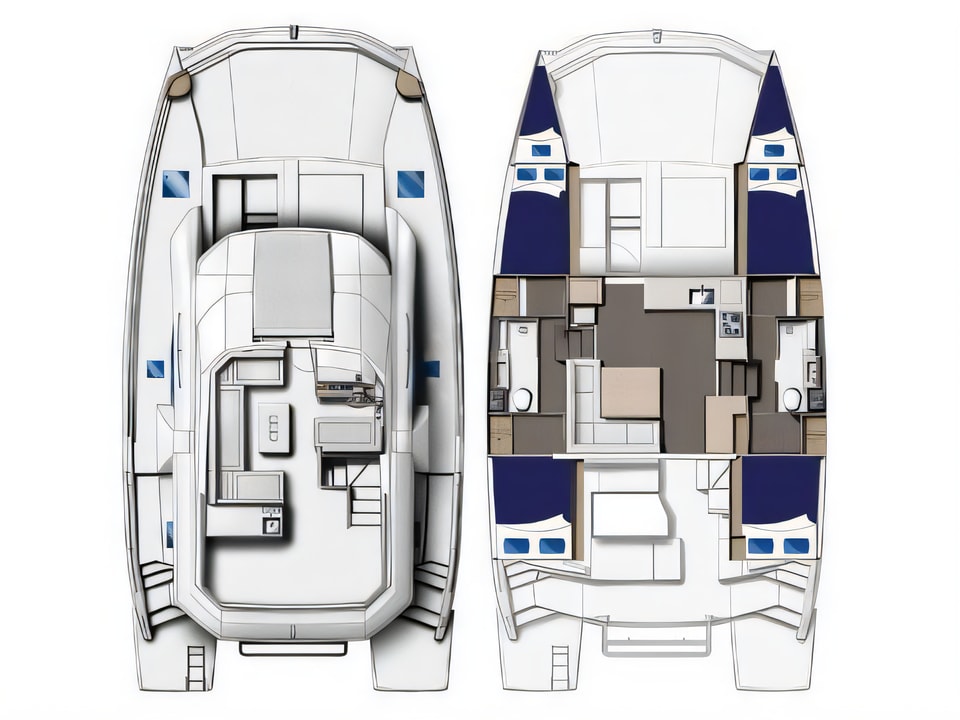 Layout of Moorings 434 PC power catamaran with 4 cabins Croatia yacht charter
