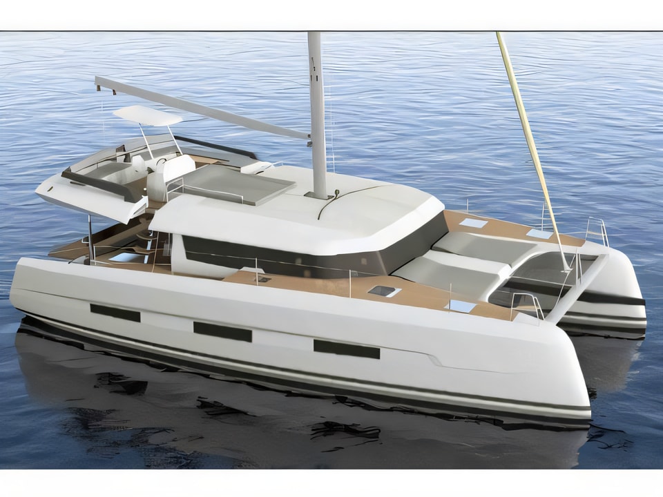 Exterior overview of Dufour 48 catamaran for charter from Rogoznica Marina Frapa in the Sibenik sailing area Croatia