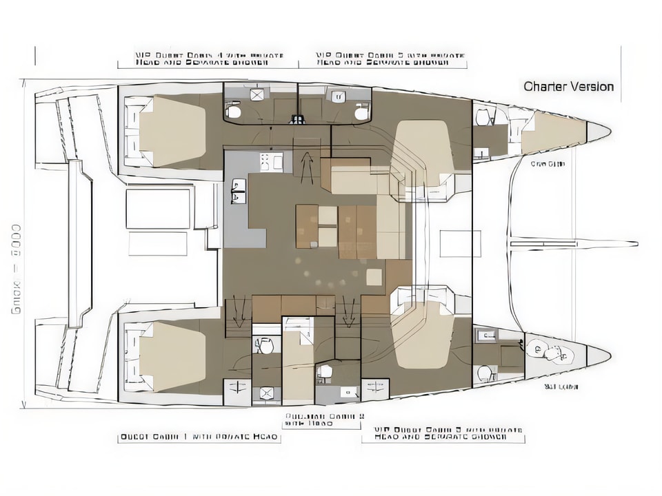 Layout of Dufour 48 catamaran with 6 cabins Croatia yacht charter
