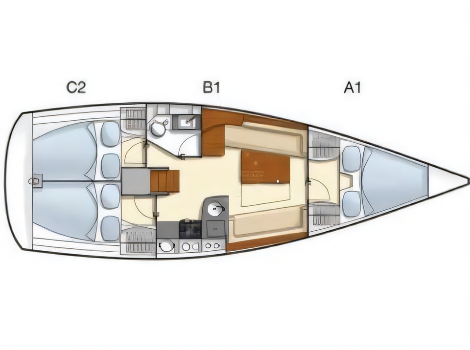 Layout of Hanse 355 sail boat with 3 cabins Croatia yacht charter