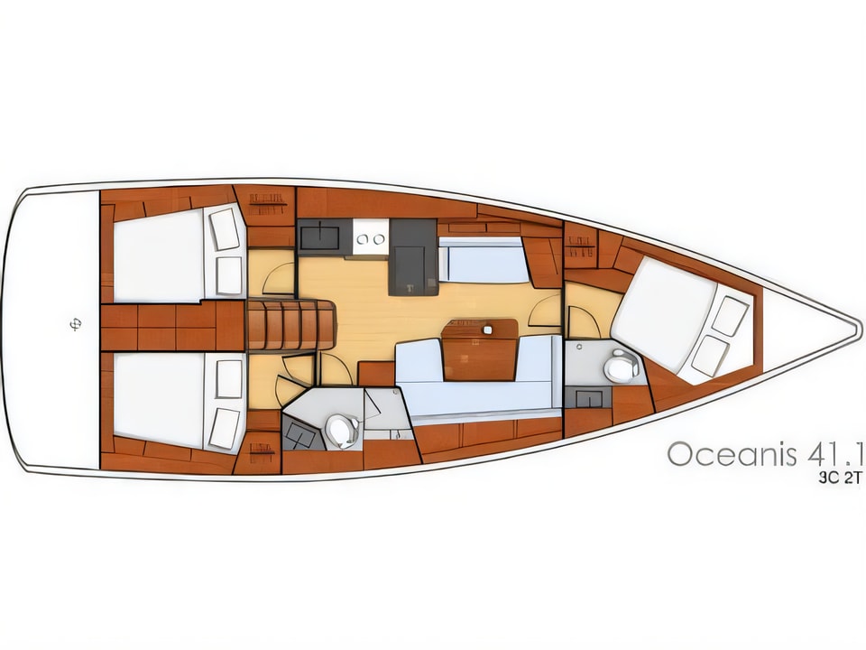 Layout of Oceanis 41.1 sail boat with 3 cabins Croatia yacht charter