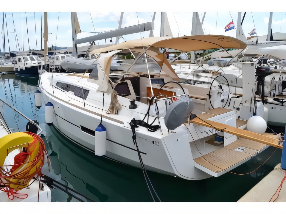 Exterior overview of Dufour 412 sail boat for charter from Sukosan Marina Dalmacija in the Kornati sailing area Croatia