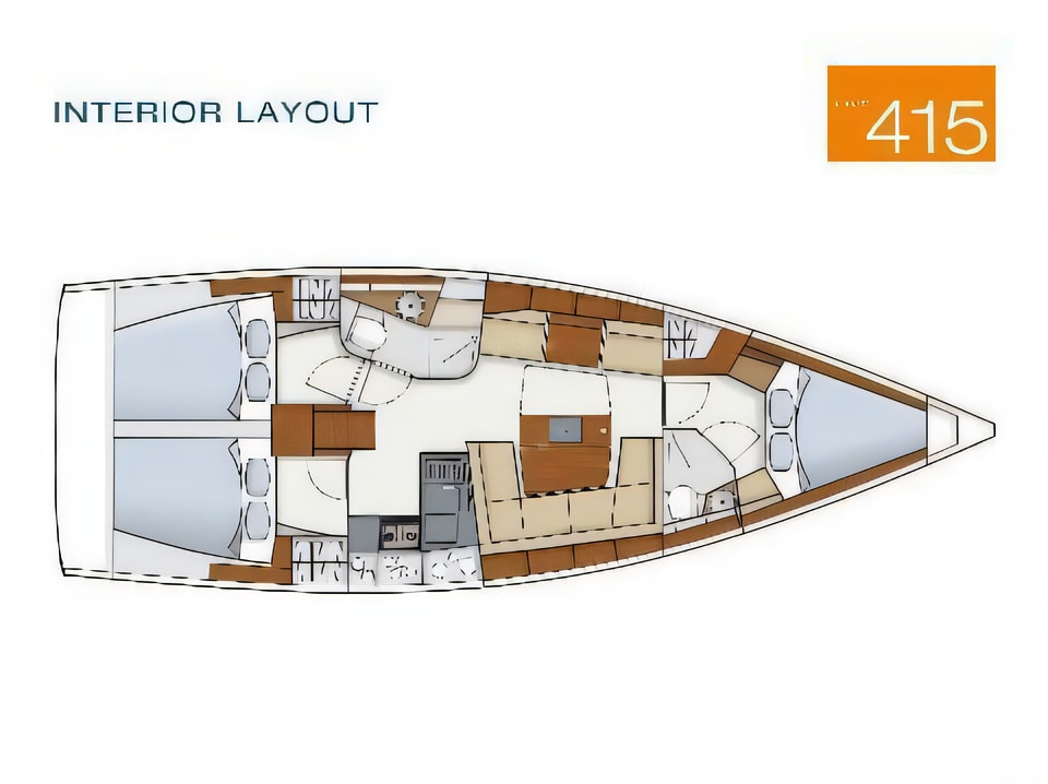Layout of Hanse 415 sail boat with 3 cabins Croatia yacht charter