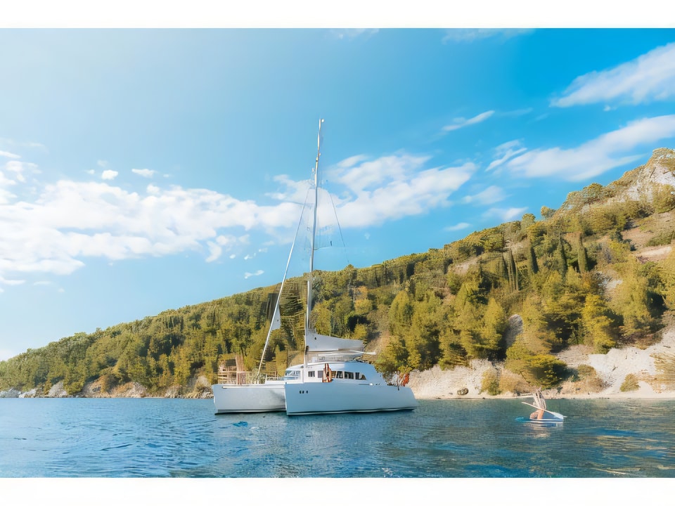 Exterior overview of Lagoon 380 catamaran for charter from Split Marina Mornar in the Split sailing area Croatia