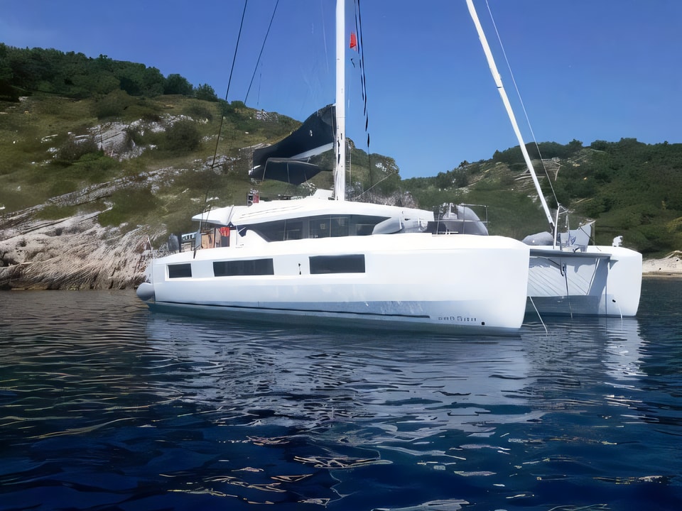 Exterior overview of Lagoon 50 catamaran for charter from Kastela Gomilica Marina in the Sibenik sailing area Croatia
