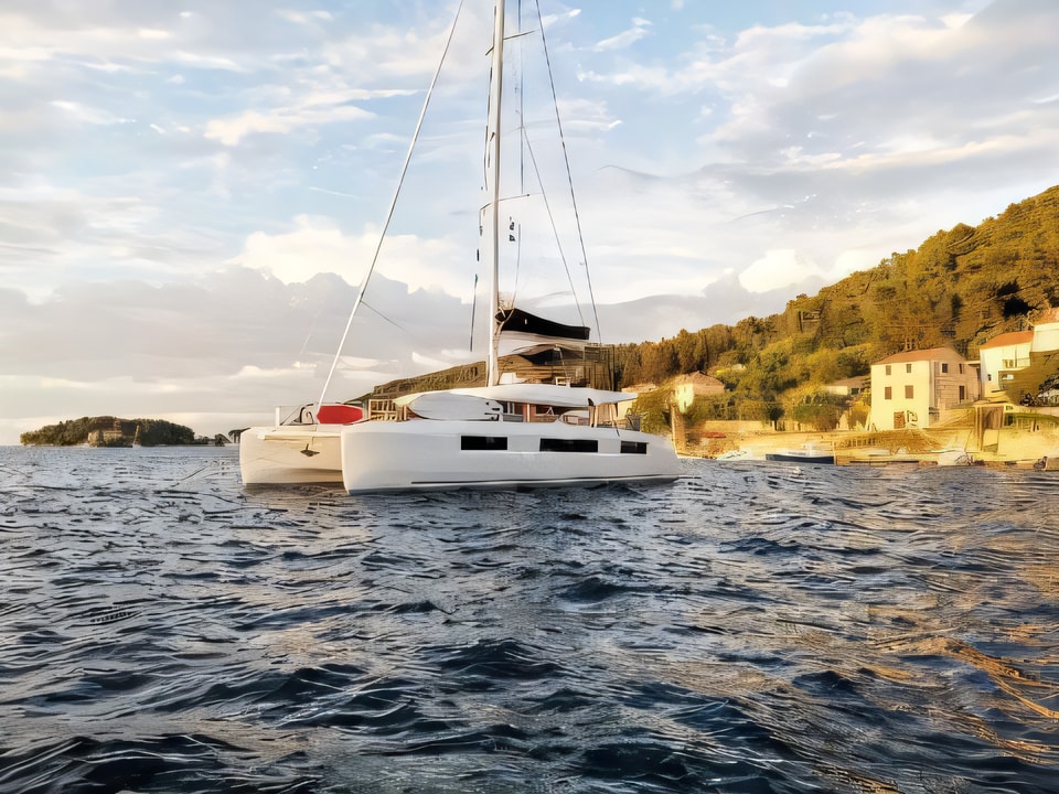 Exterior overview of Lagoon 50 catamaran for charter from Kastela Gomilica Marina in the Split sailing area Croatia