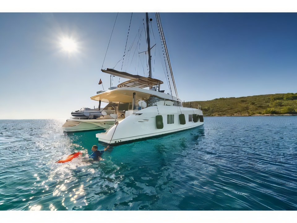 Exterior overview of Sunreef 60 catamaran for charter from Kastela Gomilica Marina in the Sibenik sailing area Croatia