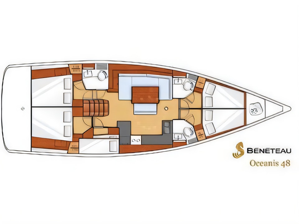 Layout of Oceanis 48 sail boat with 5 cabins Croatia yacht charter