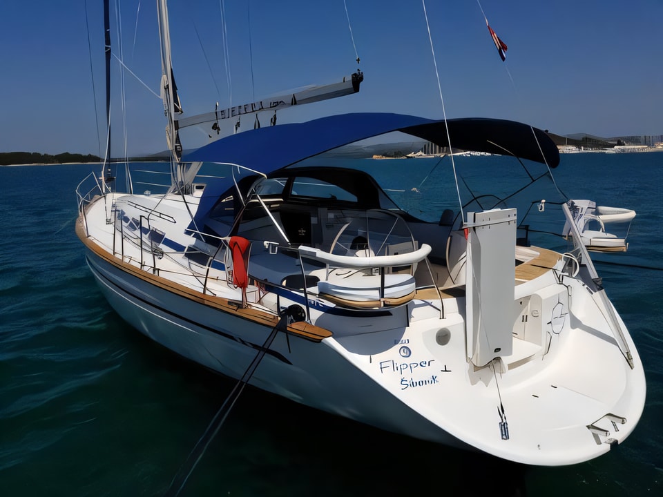 Exterior overview of Bavaria 44 sail boat for charter from Murter ACI Marina Jezera in the Sibenik sailing area Croatia
