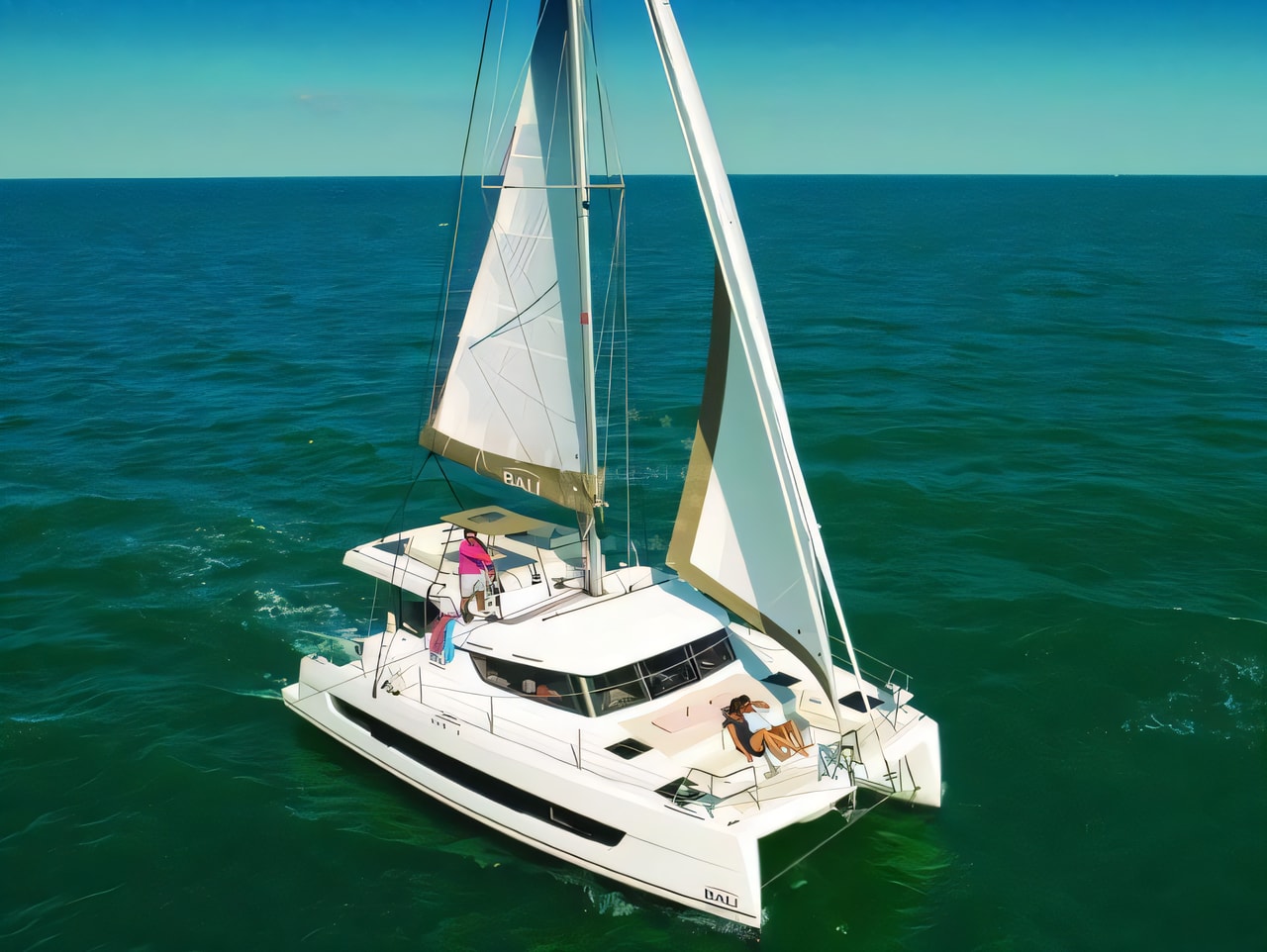 Exterior overview of Bali Catspace catamaran for charter from Pula Tehnomont Marina Veruda in the Istria / Kvarner sailing area Croatia