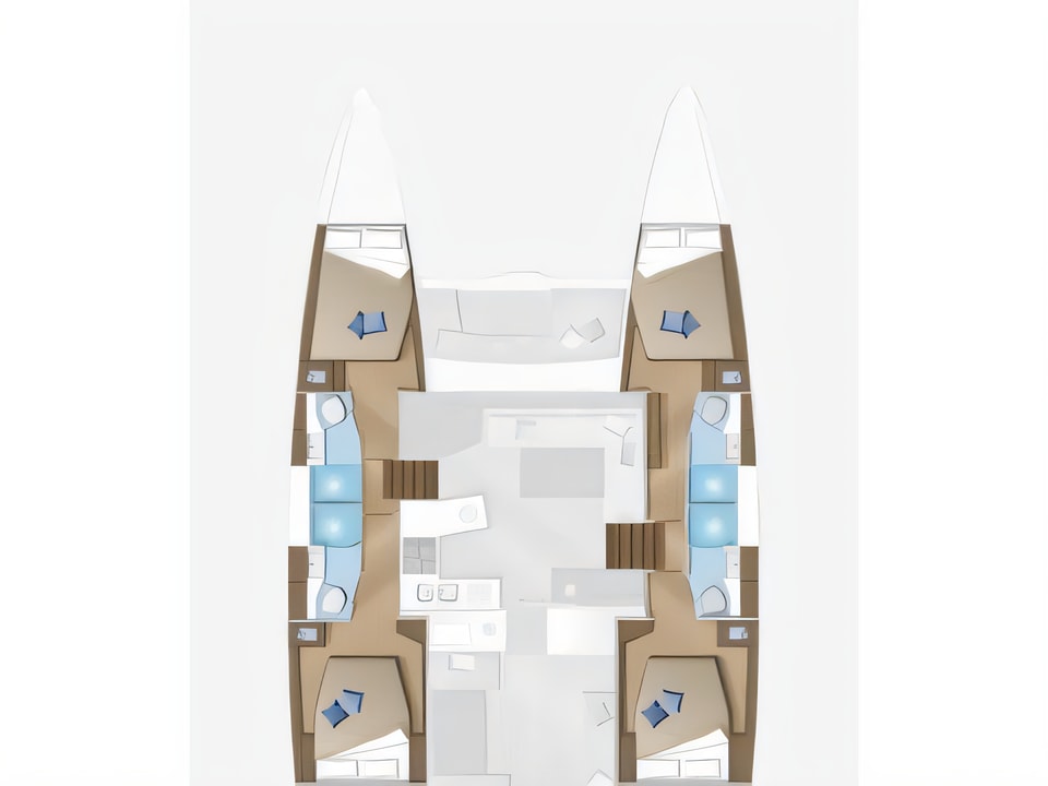 Layout of Lagoon 450 F equipped with generator, A / C (saloon+cabins), 2 S.U.P. catamaran with 6 cabins Croatia yacht charter