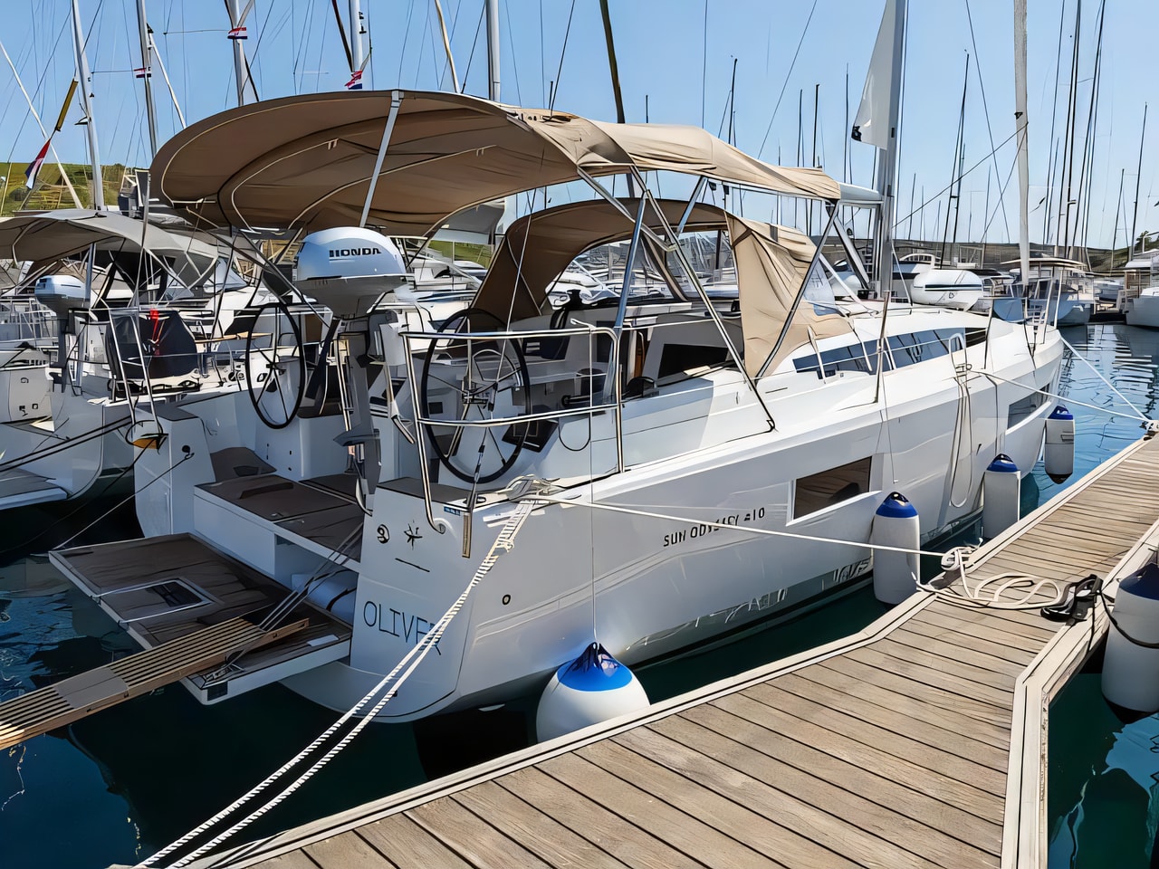 Exterior overview of Sun Odyssey 410 sail boat for charter from Primosten Marina Kremik in the Kornati sailing area Croatia