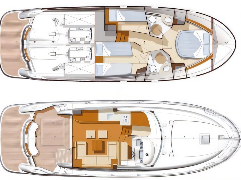 Layout of Prestige 440 motor boat with 3 cabins Croatia yacht charter