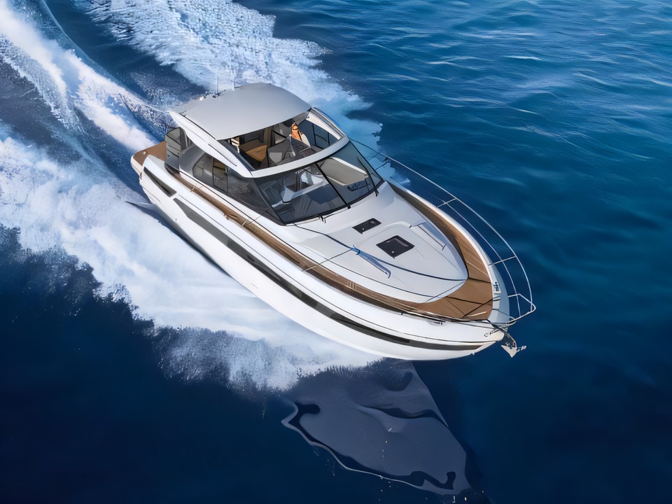Exterior overview of Bavaria S40 HT motor boat for charter from Pula Tehnomont Marina Veruda in the Istria / Kvarner sailing area Croatia