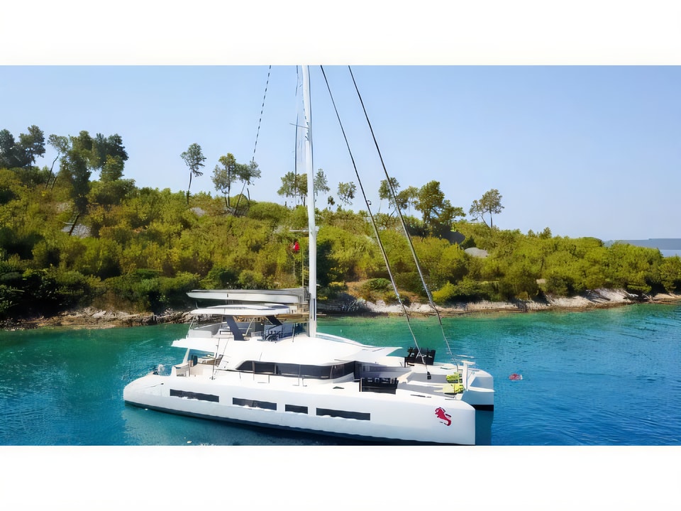 Exterior overview of Lagoon Seventy 7 catamaran for charter from Kastela Gomilica Marina in the Sibenik sailing area Croatia