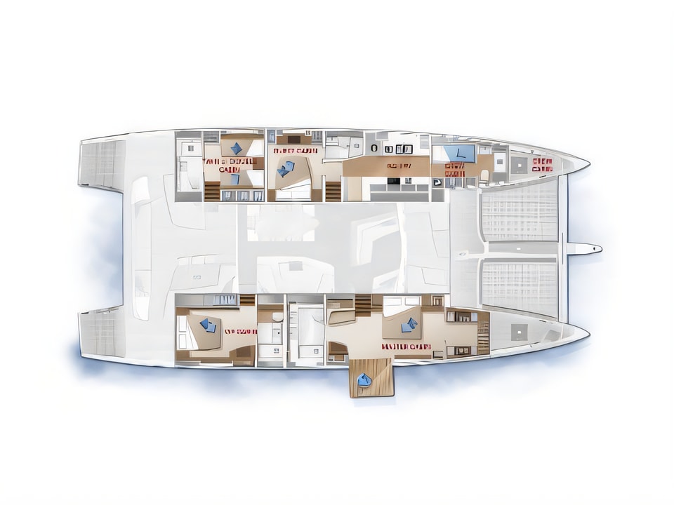 Layout of Lagoon Seventy 7 catamaran with 4 cabins Croatia yacht charter