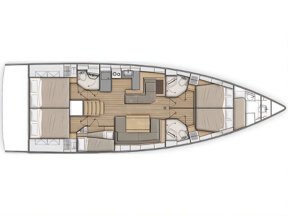 Layout of Oceanis 51.1 sail boat with 5 cabins Croatia yacht charter