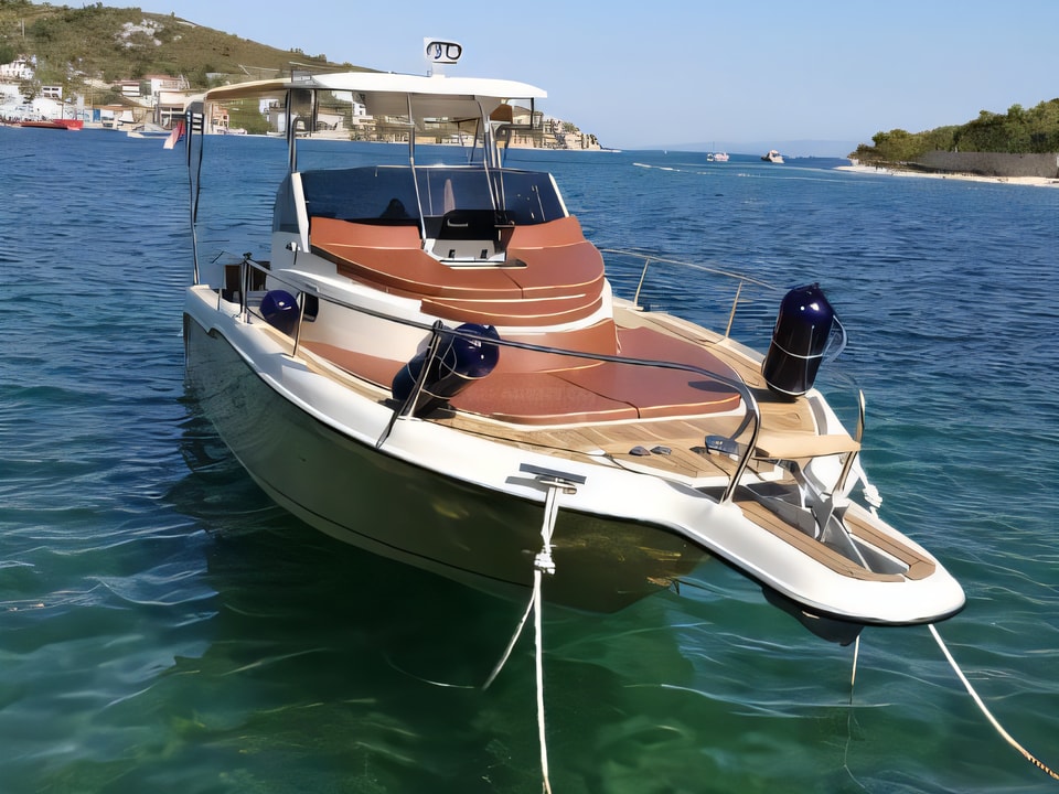 Exterior overview of Sun Sport 845 motor boat for charter from Trogir PSU Banj in the Split sailing area Croatia
