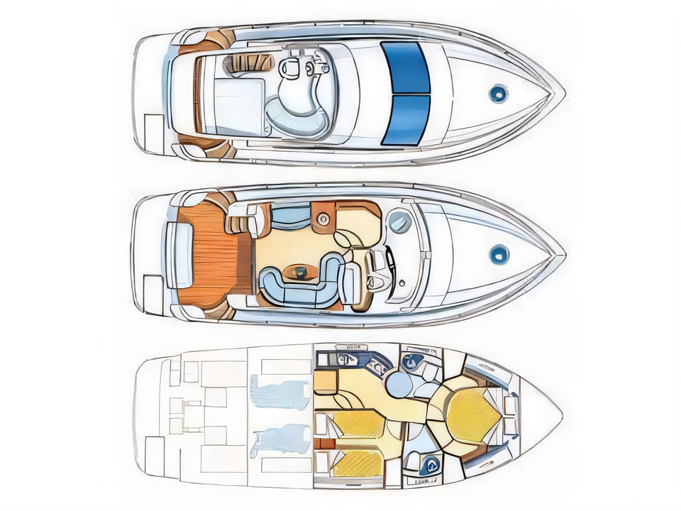 Layout of Azimut 39 motor boat with 2 cabins Croatia yacht charter