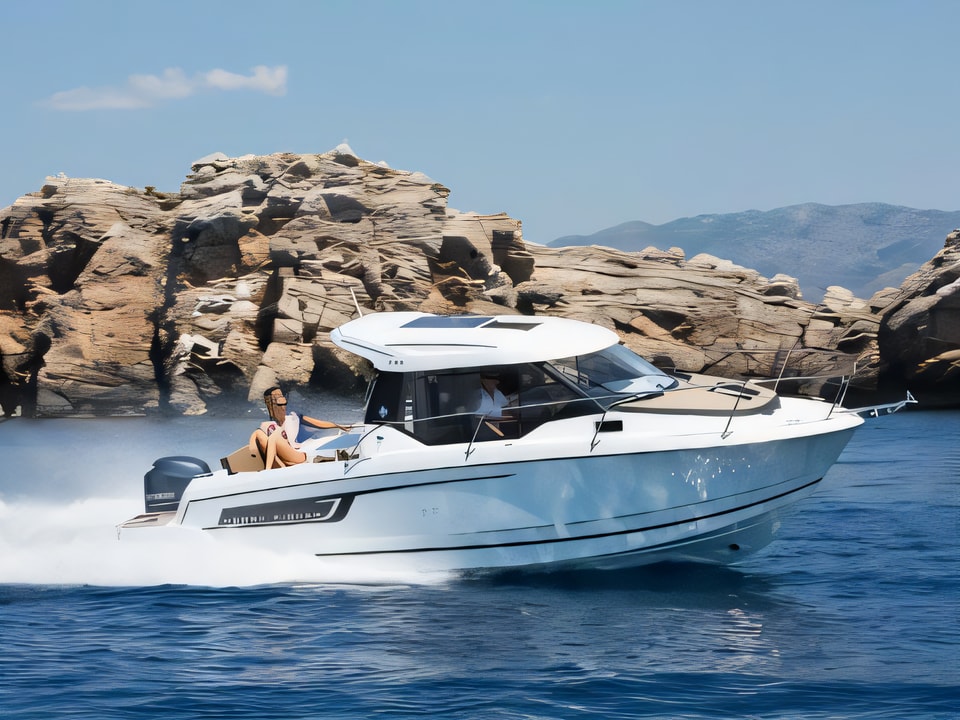 Exterior overview of Merry Fisher 795 motor boat for charter from SCT Marina Trogir in the Split sailing area Croatia