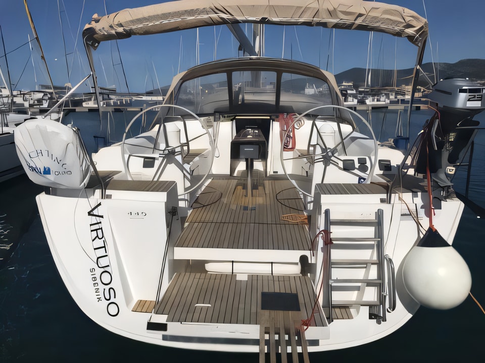 Exterior overview of Dufour 445 Grand Large sail boat for charter from Rogoznica Marina Frapa in the Sibenik sailing area Croatia