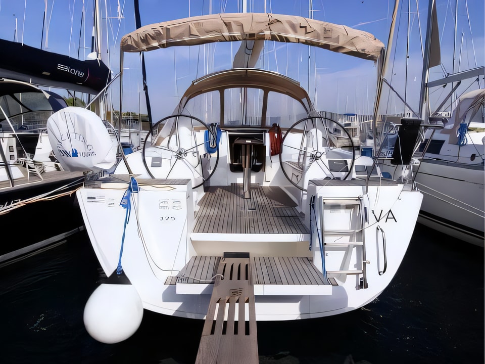 Exterior overview of Dufour 375 Grand Large sail boat for charter from Rogoznica Marina Frapa in the Sibenik sailing area Croatia