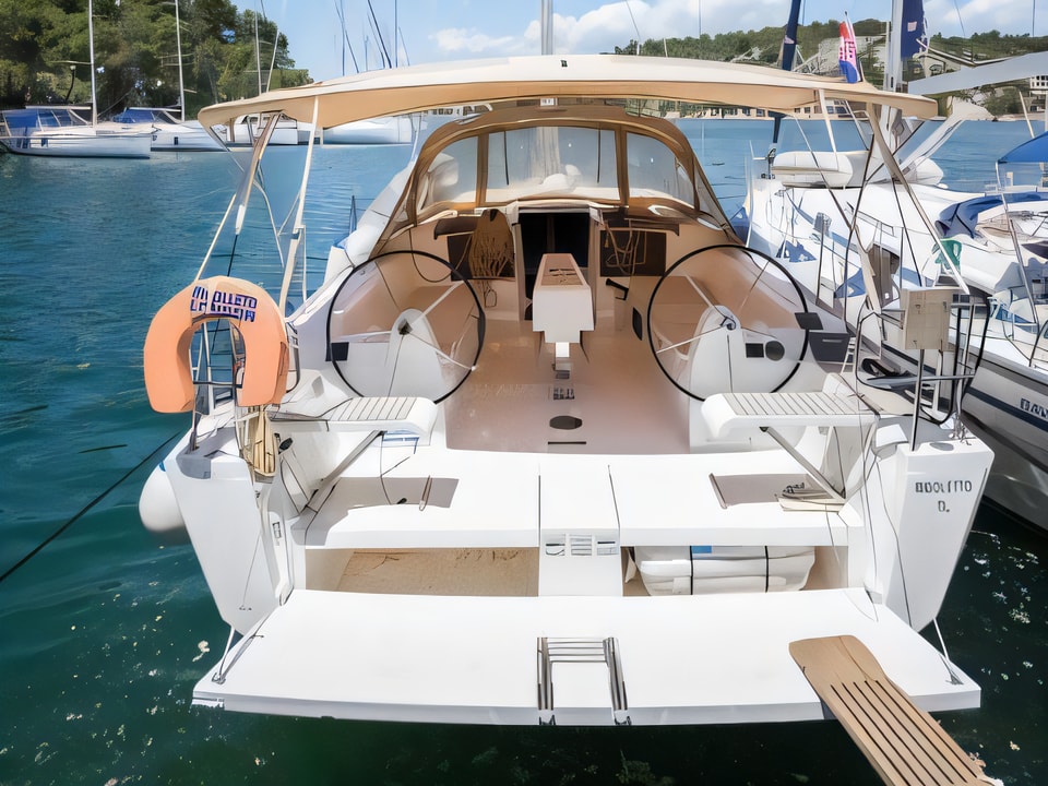 Exterior overview of Dufour 382 Grand Large sail boat for charter from Sibenski Marina Zaton in the Kornati sailing area Croatia