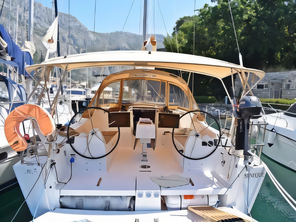 Exterior overview of Dufour 382 Grand Large sail boat for charter from Zaton Sibenski in the Sibenik sailing area Croatia