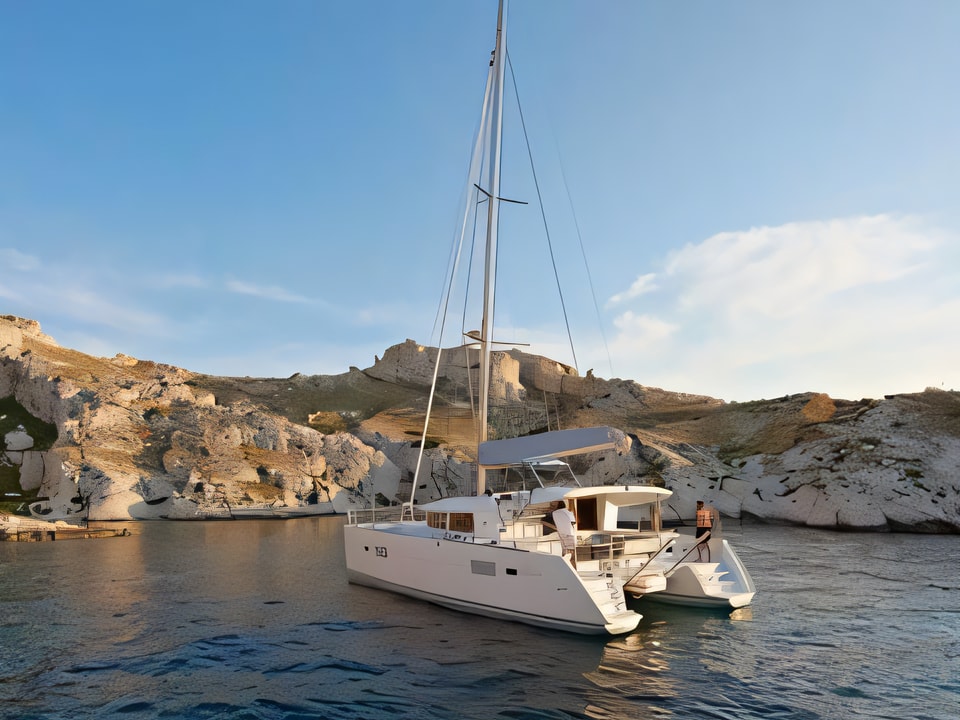 Exterior overview of Lagoon 400 S2 catamaran for charter from Zaton Sibenski in the Sibenik sailing area Croatia