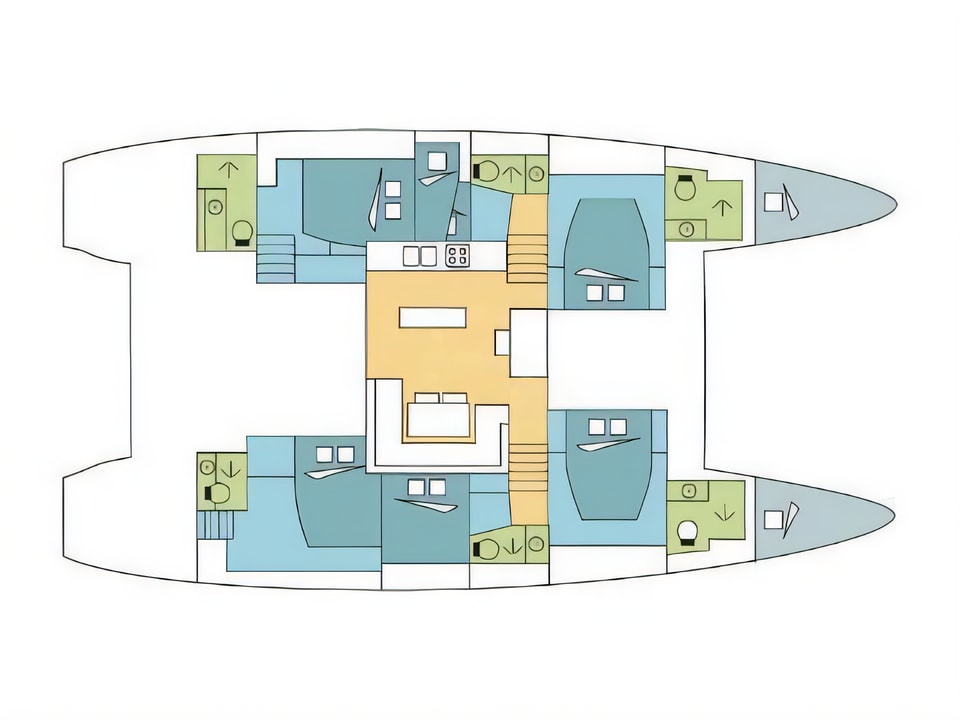 Layout of Lagoon 52F catamaran with 8 cabins Croatia yacht charter