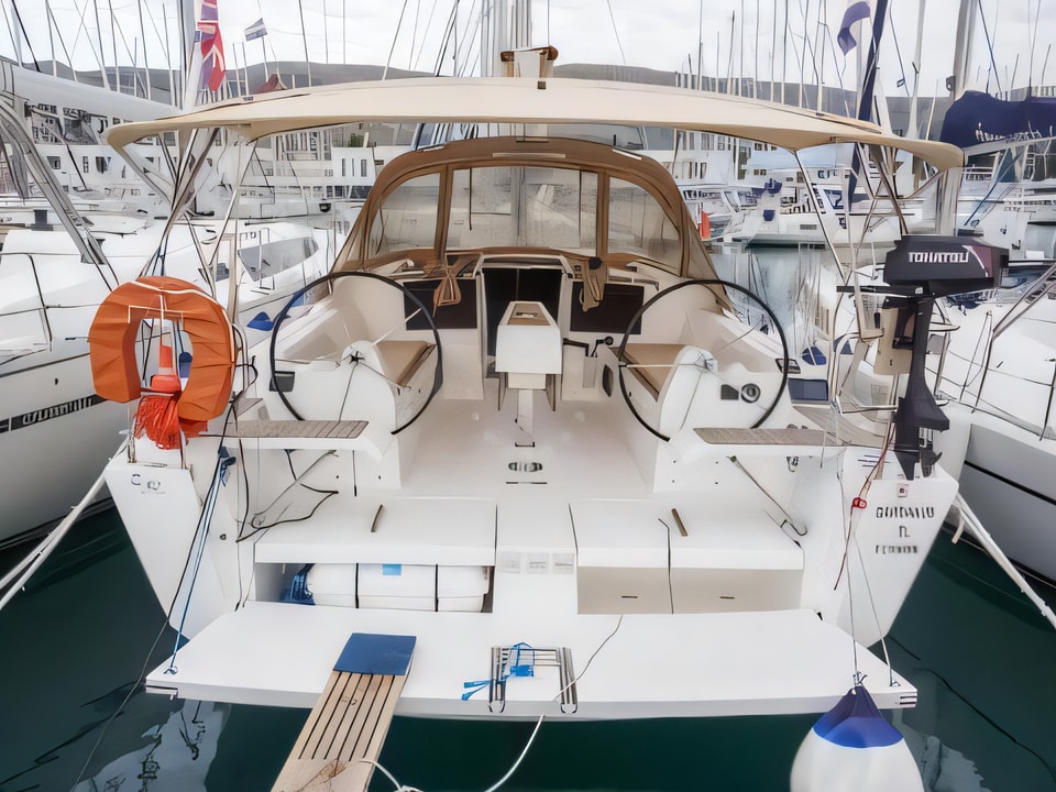 Exterior overview of Dufour 382 Grand Large sail boat for charter from Seget Donji Marina Baotic in the Split sailing area Croatia