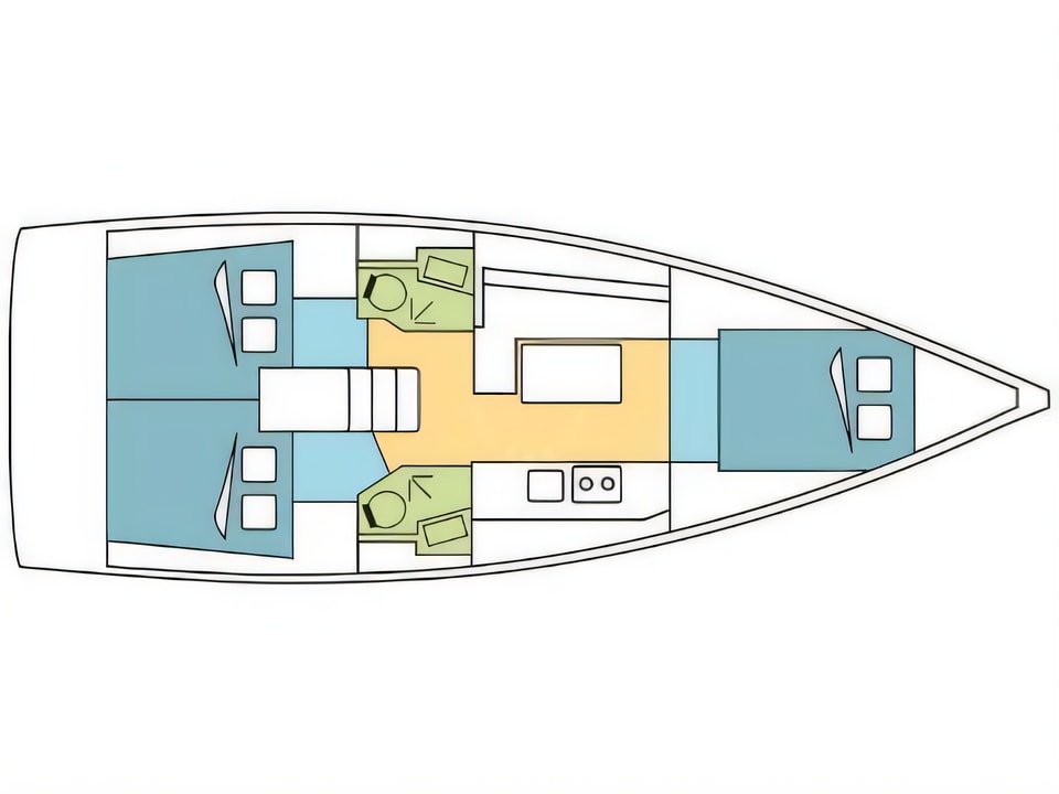 Layout of Oceanis 38.1 sail boat with 3 cabins Croatia yacht charter
