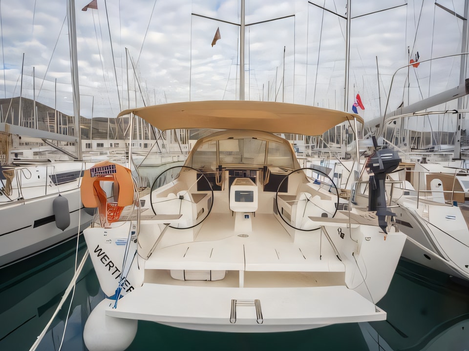 Exterior overview of Dufour 410 Grand Large sail boat for charter from Seget Donji Marina Baotic in the Split sailing area Croatia