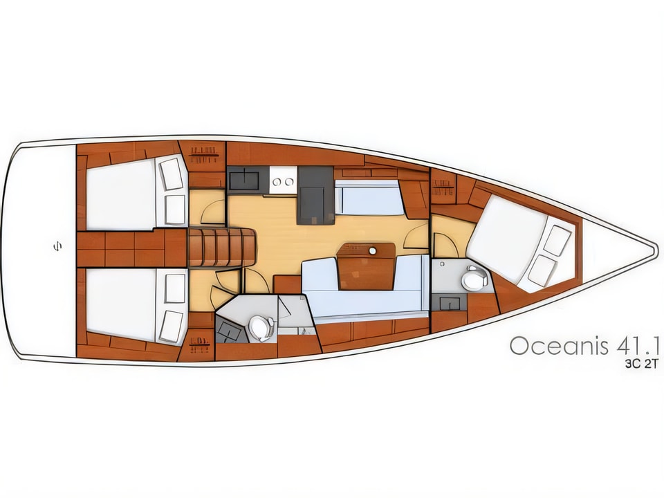 Layout of Oceanis 41.1 sail boat with 3 cabins Croatia yacht charter