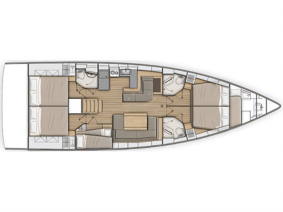 Layout of Oceanis 51.1 sail boat with 6 cabins Croatia yacht charter