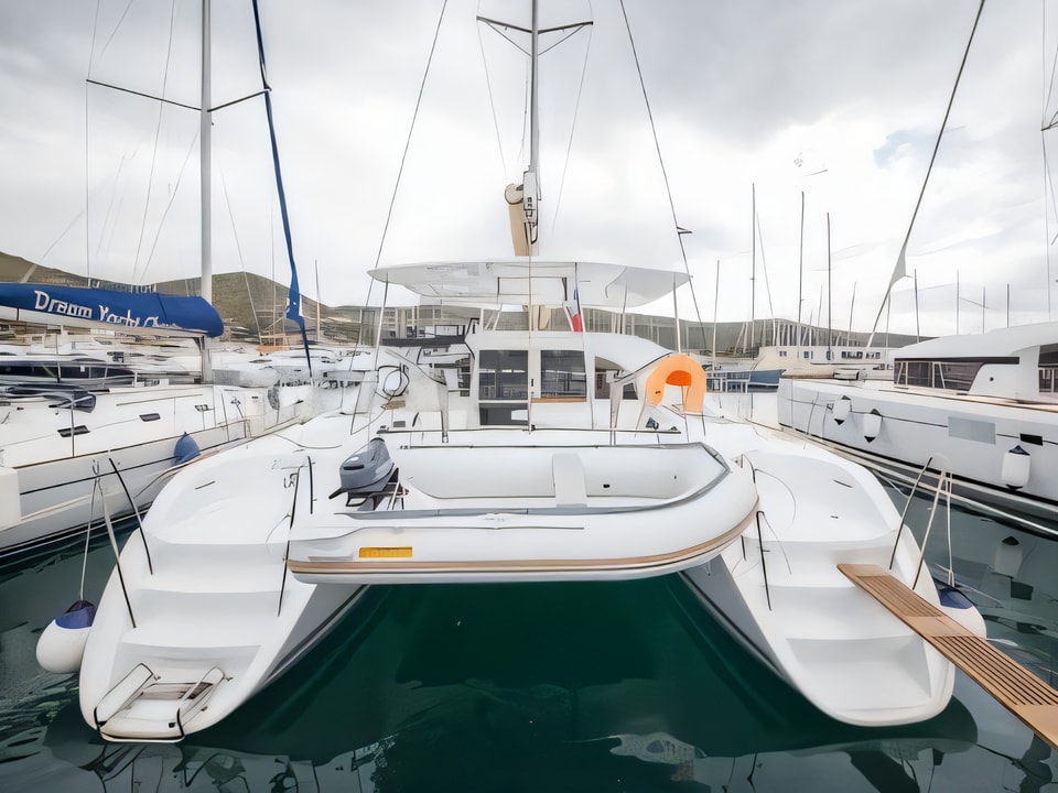 Exterior overview of Lagoon 380 catamaran for charter from Seget Donji Marina Baotic in the Split sailing area Croatia