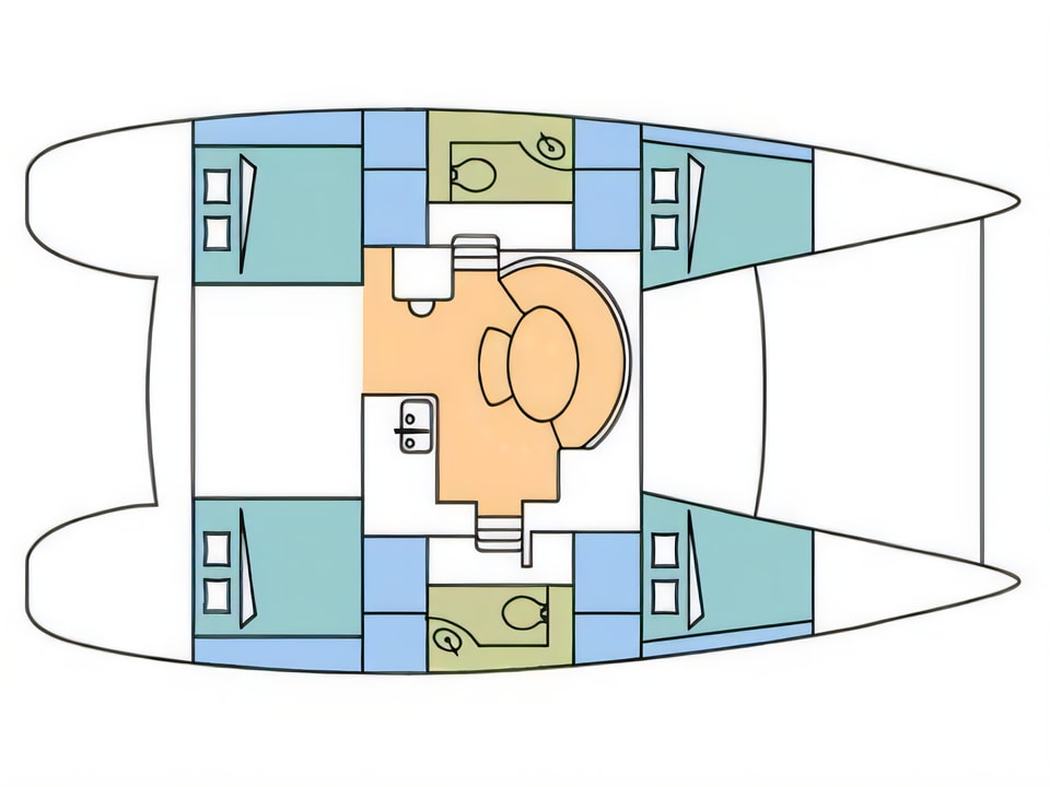 Layout of Lagoon 380 catamaran with 4 cabins Croatia yacht charter