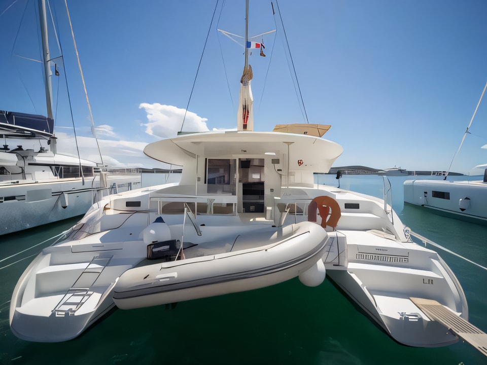 Exterior overview of Lipari 41 catamaran for charter from Seget Donji Marina Baotic in the Split sailing area Croatia