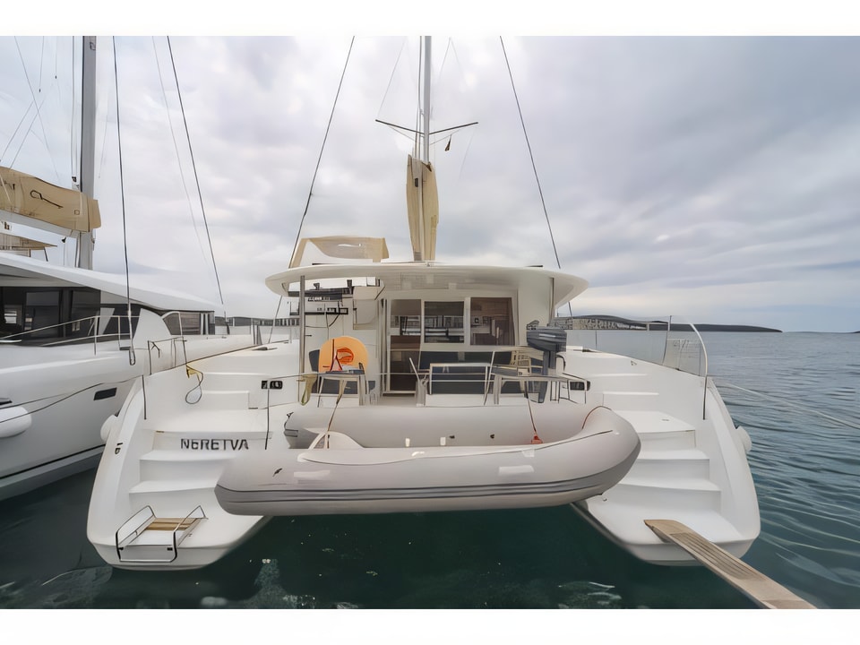 Exterior overview of Lagoon 400 S2 catamaran for charter from Seget Donji Marina Baotic in the Split sailing area Croatia