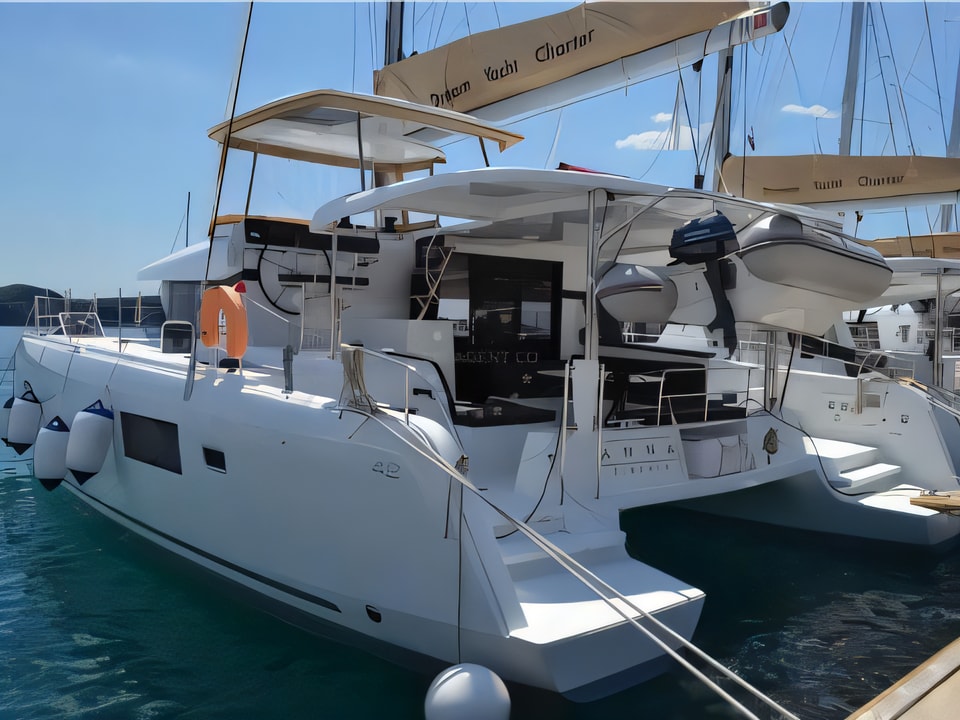 Exterior overview of Lagoon 42 catamaran for charter from Seget Donji Marina Baotic in the Split sailing area Croatia