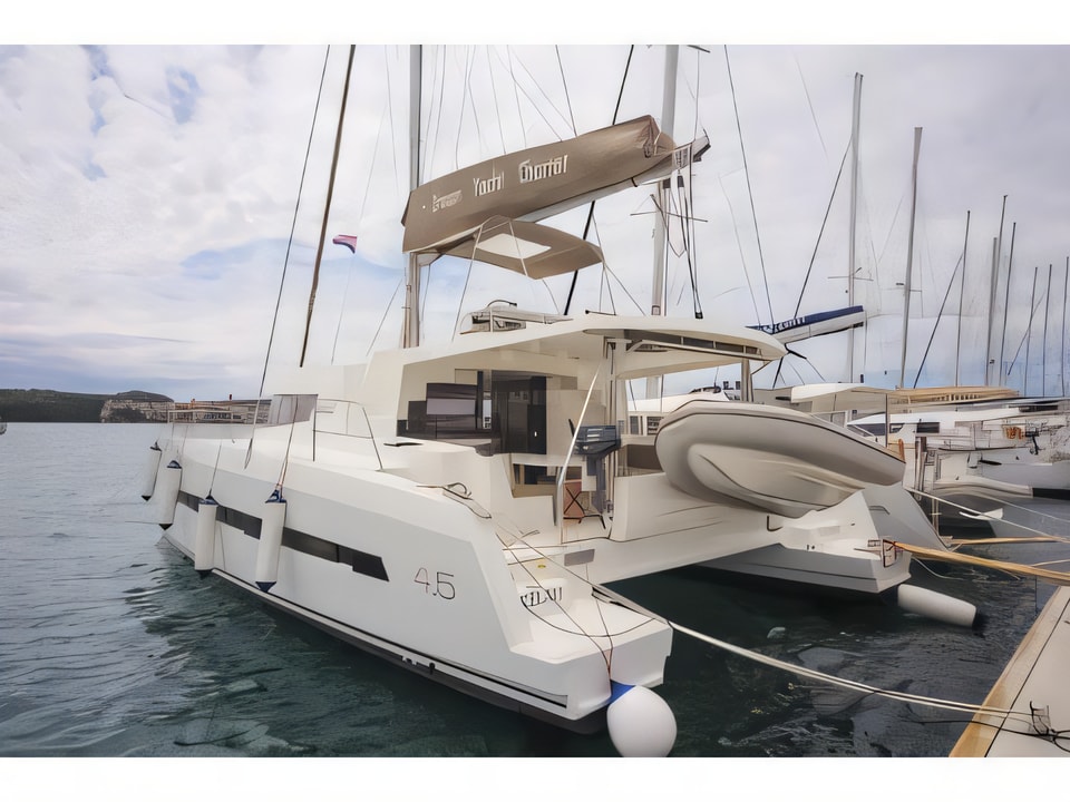 Exterior overview of Bali 4.5 catamaran for charter from Seget Donji Marina Baotic in the Split sailing area Croatia
