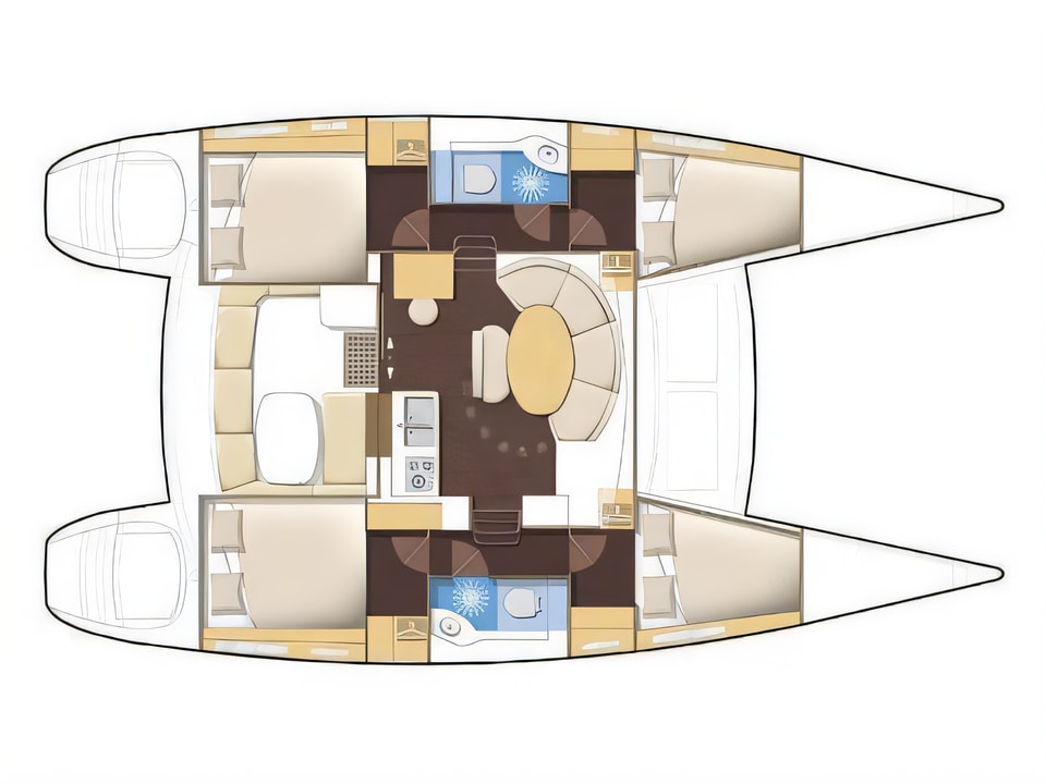 Layout of Lagoon 380 catamaran with 4 cabins Croatia yacht charter